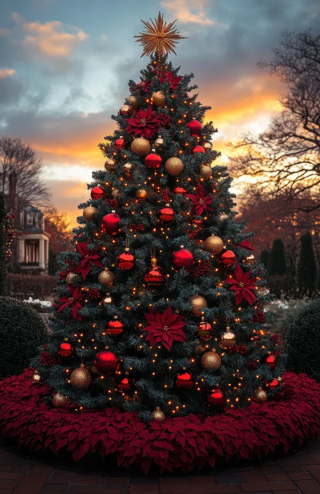 A glowing Christmas tree with red and gold ornaments stands in a city square at twilight.