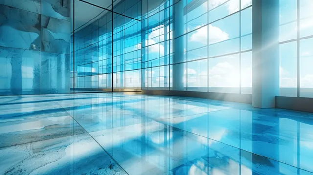 Empty modern office interior with floor-to-ceiling glass windows and blue light reflections.