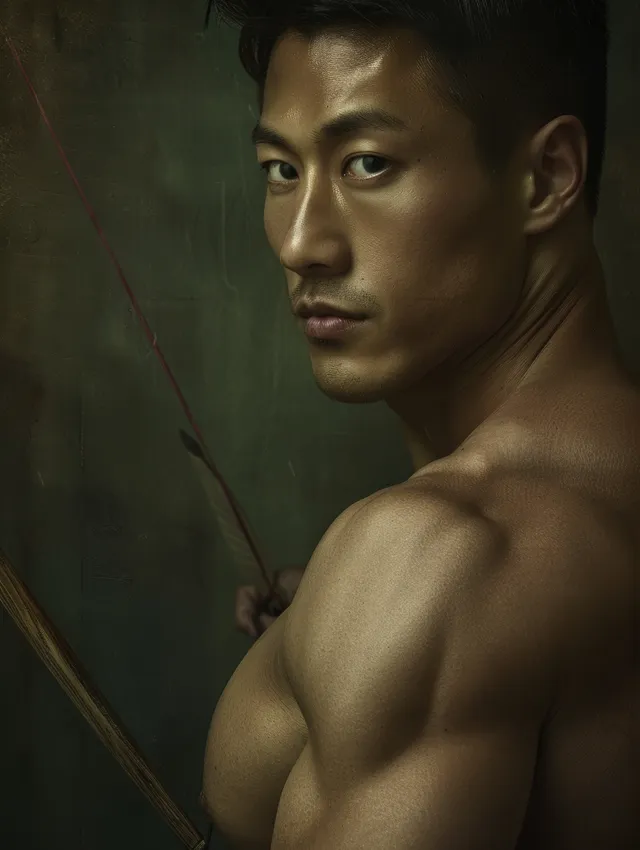 A male Chinese archer draws and aims an arrow in low-light chiaroscuro, his face and arms in sharp focus.