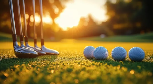 Golf clubs and four golf balls on green grass under golden sunset light