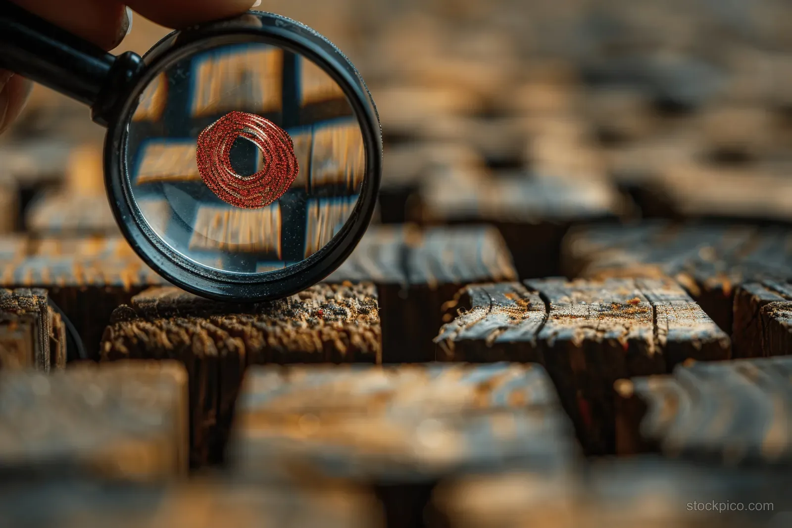 A magnifying glass highlights a red target icon on success stairs, with blurred stones in the background.