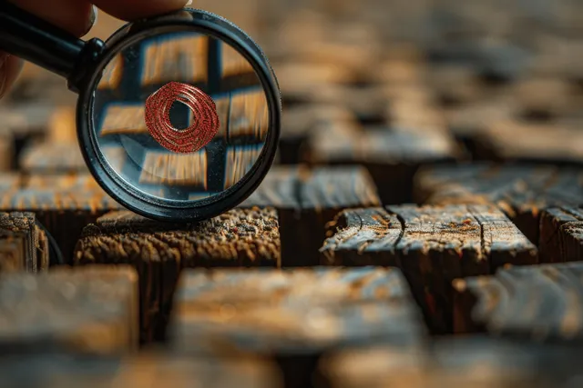 A magnifying glass highlights a red target icon on success stairs, with blurred stones in the background.