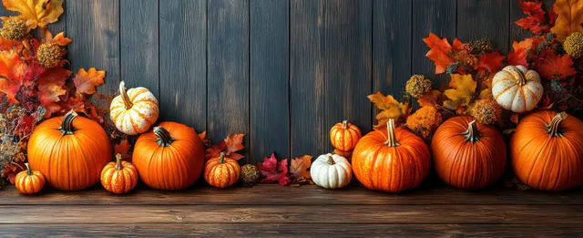 Top view of orange pumpkins with pinecones and fall leaves arranged along weathered gray wood.
