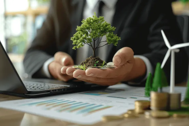 A businessman holds a small tree on a coin stack while a wind turbine model sits on an office desk.