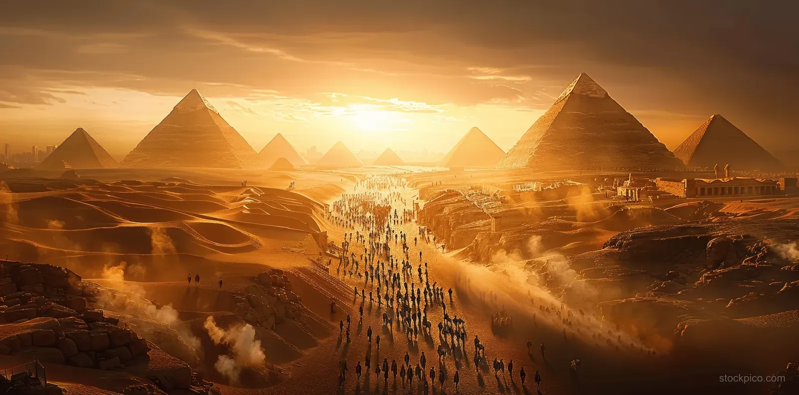 Ancient Egyptian crowd marches toward pyramids across a desert as sandstorm clouds swirl under golden hour sunlight.