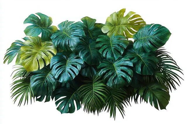 Overlapping tropical green leaves arranged in a dense cluster on a white background.