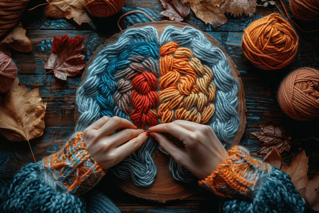 Hands knitting a colorful yarn brain on a wooden table with autumn leaves