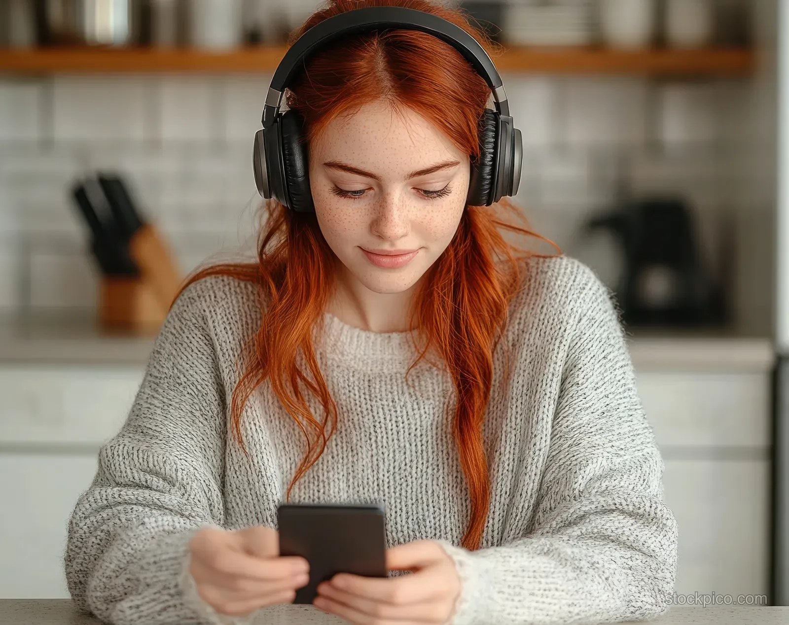 A red-haired woman in headphones looks down at a smartphone while seated in a modern kitchen.