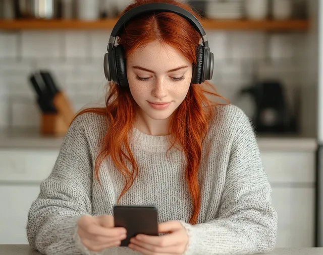 A red-haired woman in headphones looks down at a smartphone while seated in a modern kitchen.