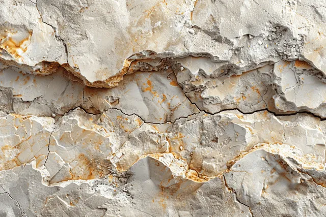 Weathered beige plaster peeling off gray cement wall with rough cracked stone texture detail