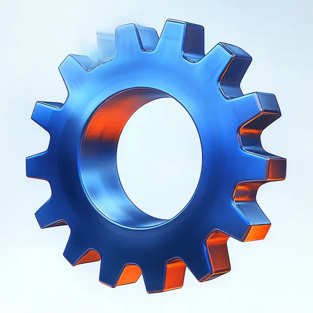 A glossy blue 3D gear icon with an orange glowing ring sits centered on a plain light background.