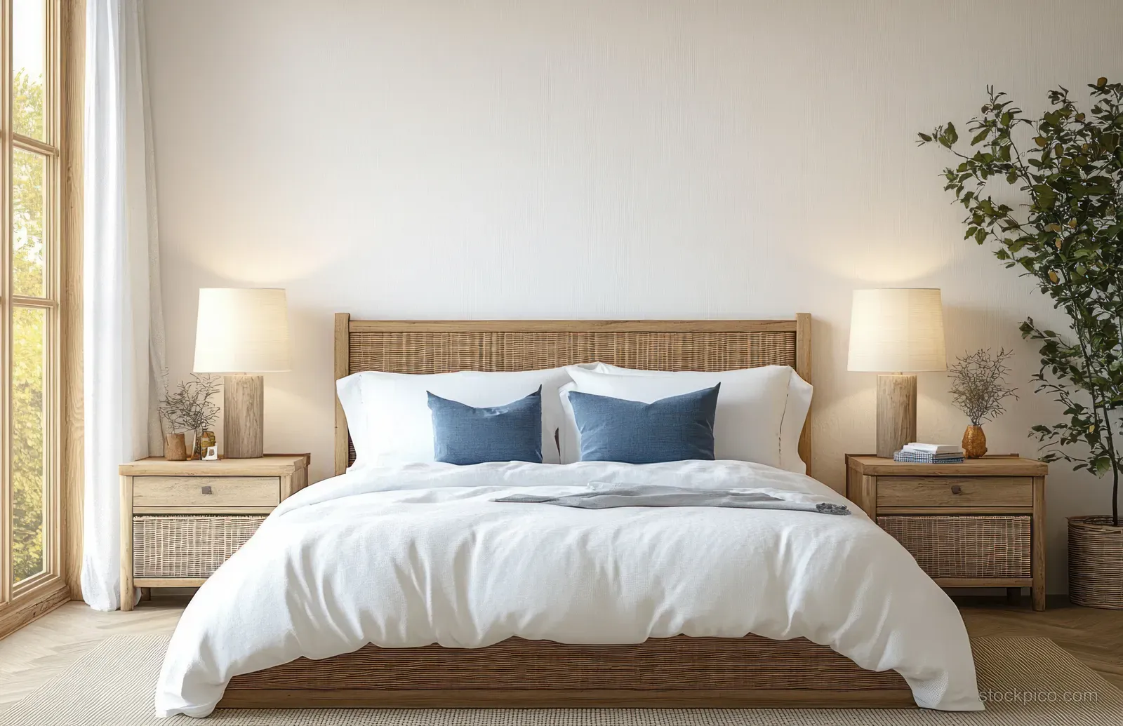 Neatly made white bed with blue pillows and two warm bedside lamps in a bright Scandinavian bedroom.