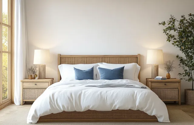 Minimalist Scandinavian bedroom with white duvet, blue pillows, and soft bedside lamp glow
