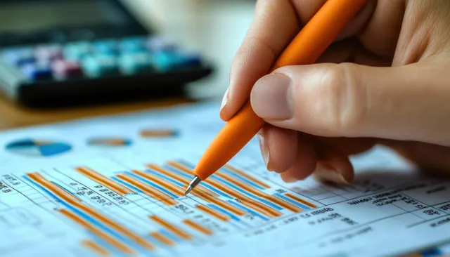 Hand holding an orange pen marks audit lines on a financial statement with spreadsheet tables behind.