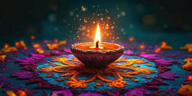 A burning oil lamp in the center of a colorful Diwali rangoli with sparkling lights around it.