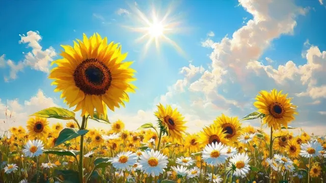 Yellow sunflowers and white daisies bloom in a sunny meadow under a glowing sun and blue sky.