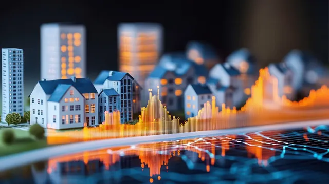 Miniature residential houses and high-rises with glowing smart city data overlay