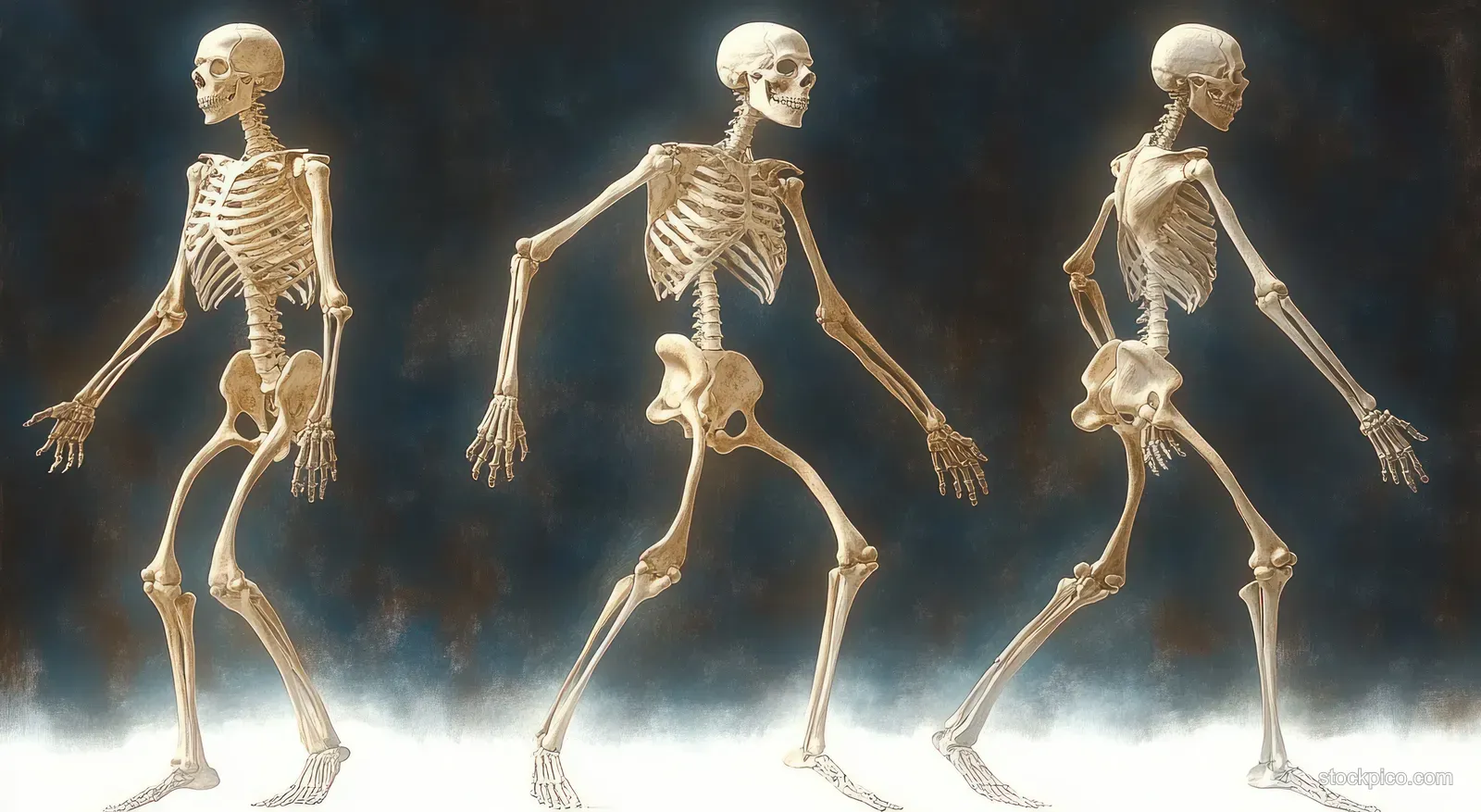Three human skeletons stand in front, back, and side views under dramatic light against a dark background.