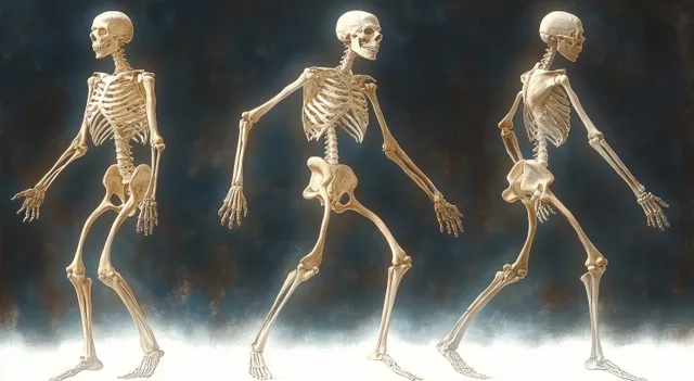 Three views of a human skeleton in dynamic stance on dark illuminated studio background