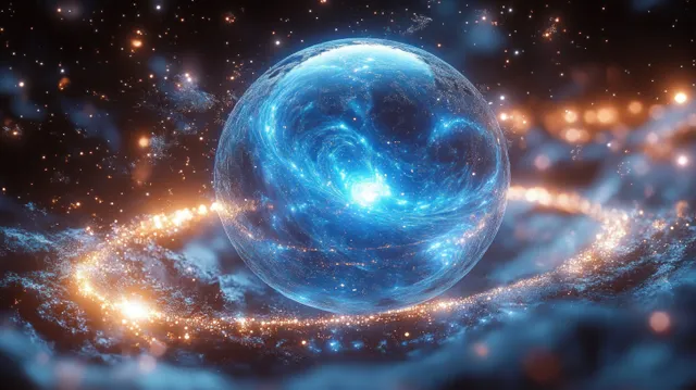 A glowing blue cosmic sphere with swirling golden rings floating in a dense starfield.