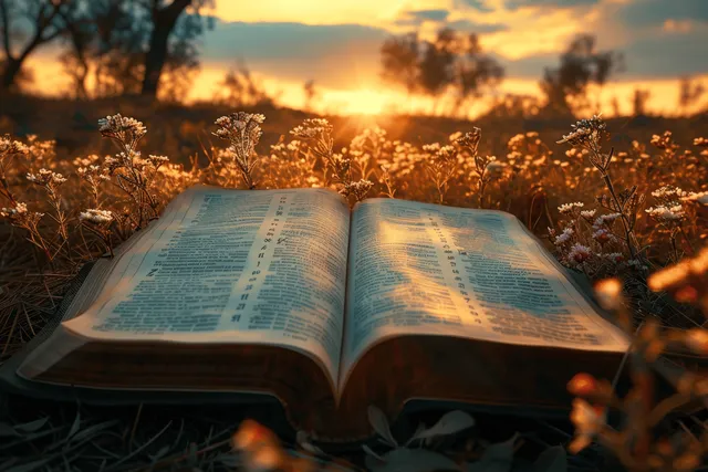 An open book sits in a wildflower field at sunset, with golden light highlighting the pages.
