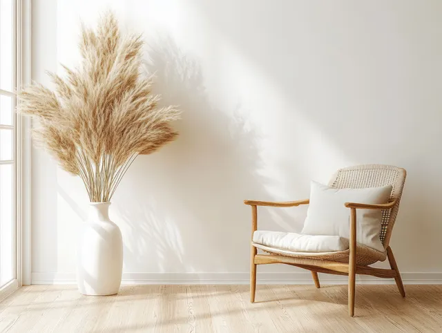 A wooden armchair with a beige cushion sits beside a tall ceramic vase filled with pampas grass in a sunlit minimalist living room.