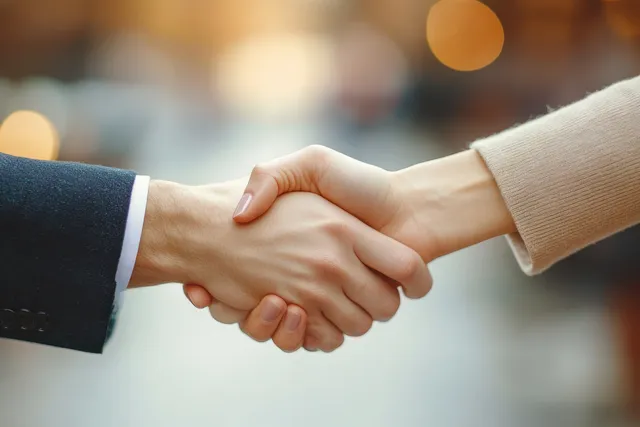 Business professionals shaking hands across a conference table in a corporate meeting room