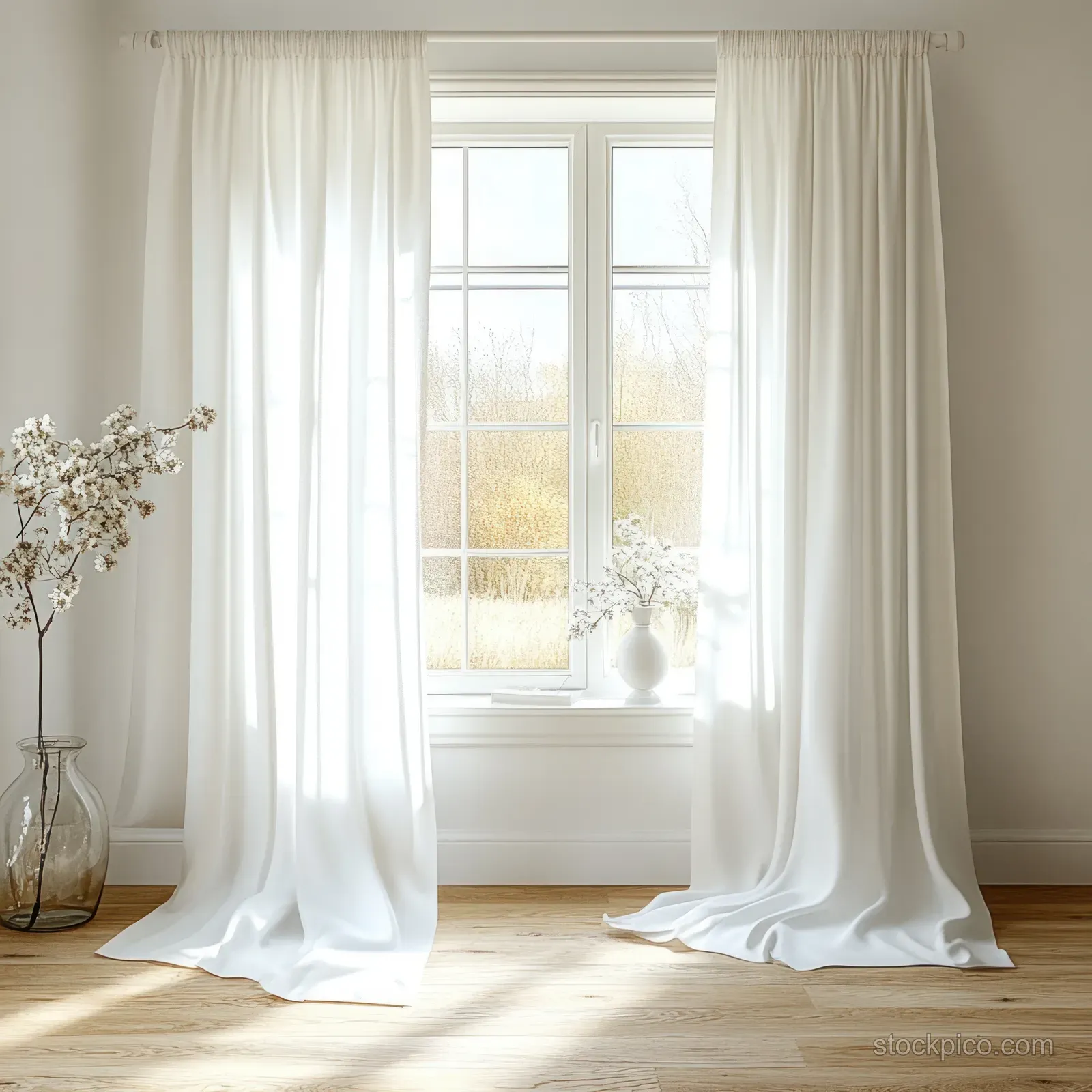 White sheer curtains open around a window in a minimal Scandinavian room with pale wooden flooring and soft daylight.