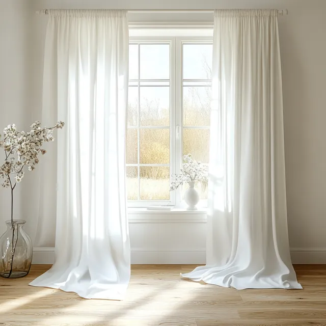 Scandinavian living room window scene with white curtains, soft daylight, and pale wooden floor