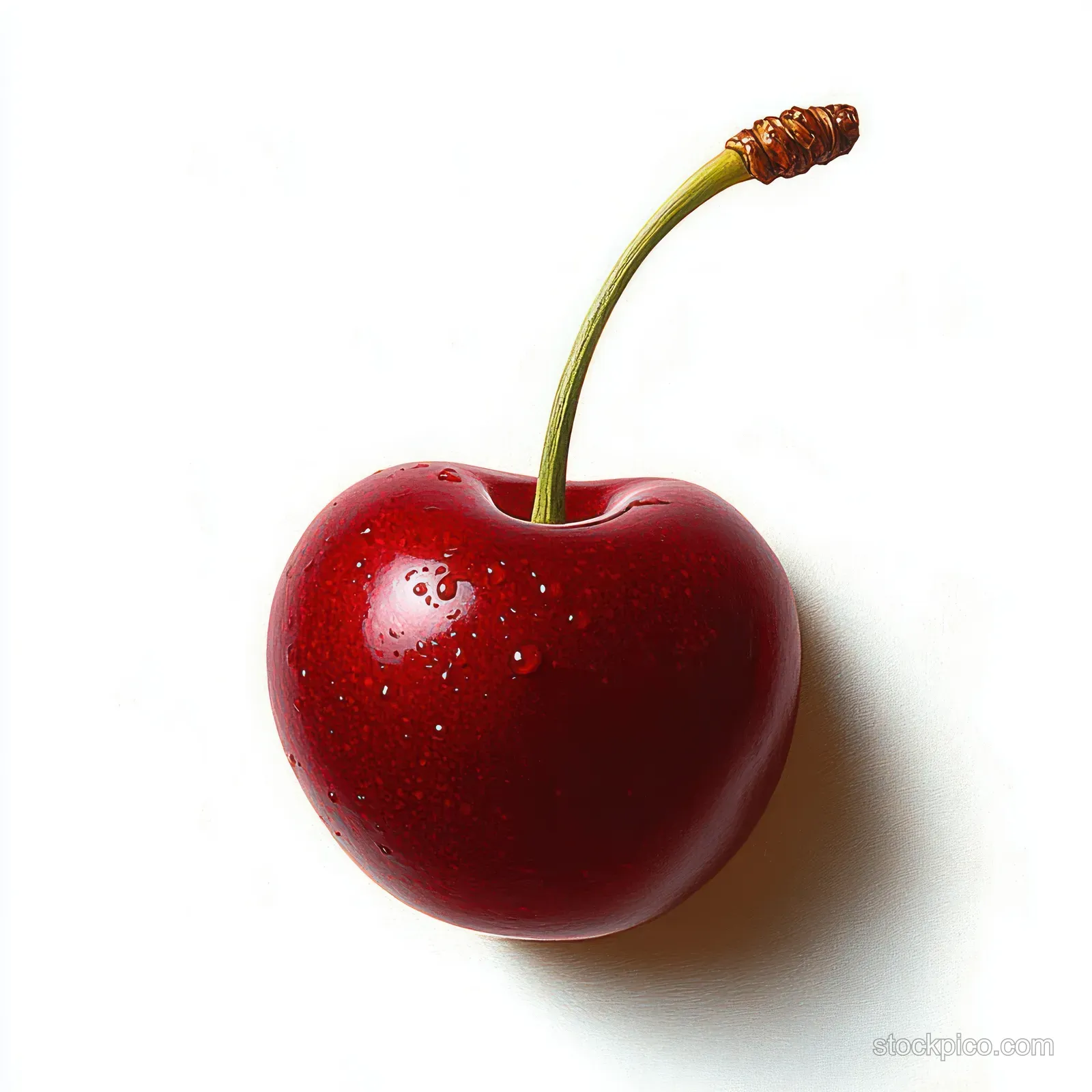 A single red cherry with a green stem and water droplets sits on a clean white background.