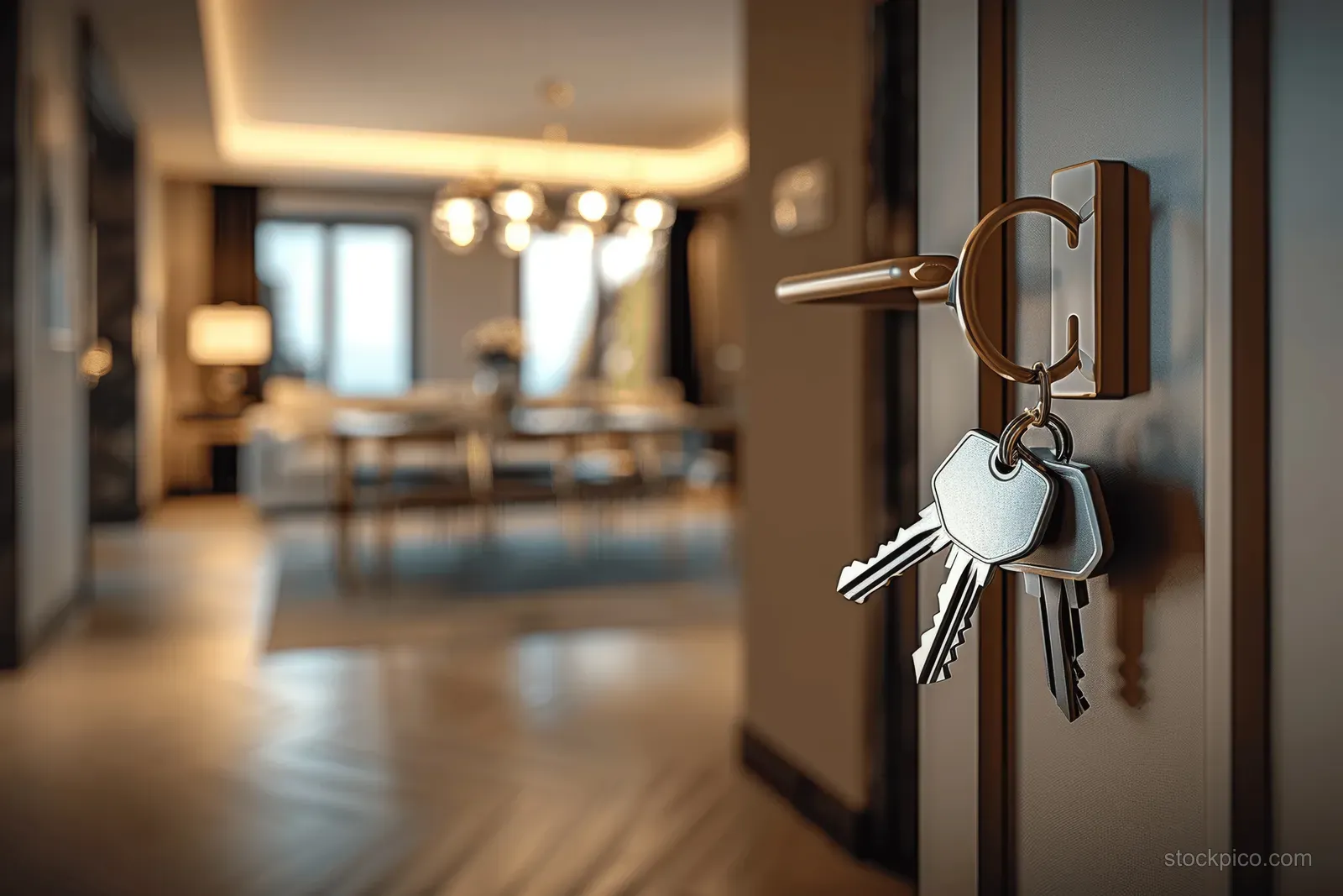 Keys hang from an open apartment door lock as the living room with sofa blurs in the background.