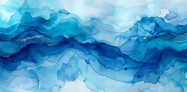 Turquoise watercolor ocean waves under a cloudy sky with layered abstract swirls