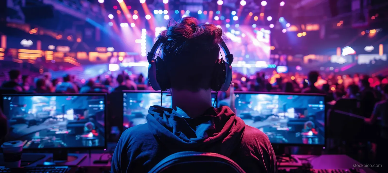 An esports gamer with a headset plays at a neon-lit tournament arena with crowd and monitors behind.