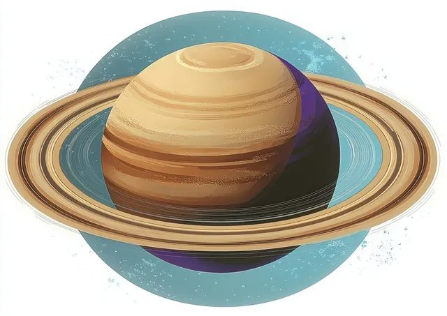 Saturn-like ringed planet with textured bands casting a dark shadow over a blue star-speckled circular background.