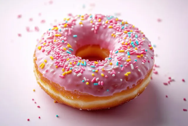 A pink glazed donut with colorful sprinkles centered on a soft pink background with scattered crumbs.