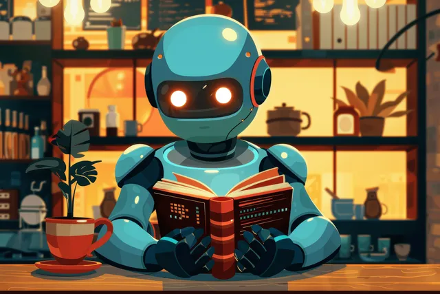 A robot reads an open book at a coffee shop counter under warm glowing lights.