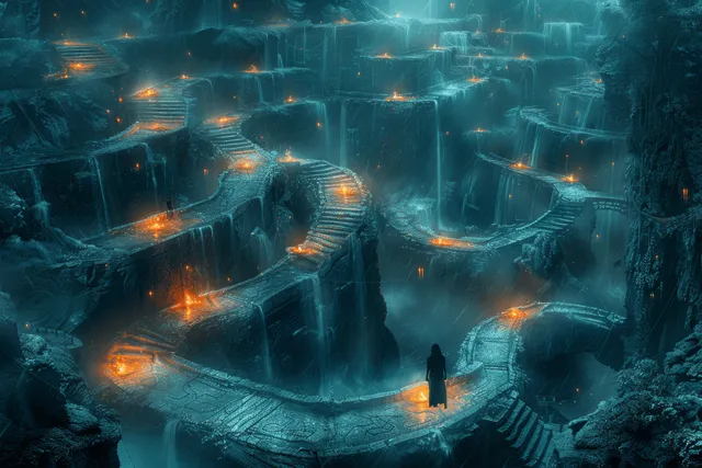 A man stands in a dark glowing labyrinth, looking down branching paths with floating light markers.