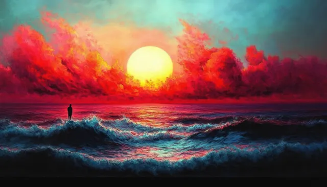 A lone silhouette stands on churning ocean waves beneath a glowing sun and red pink sunset clouds.