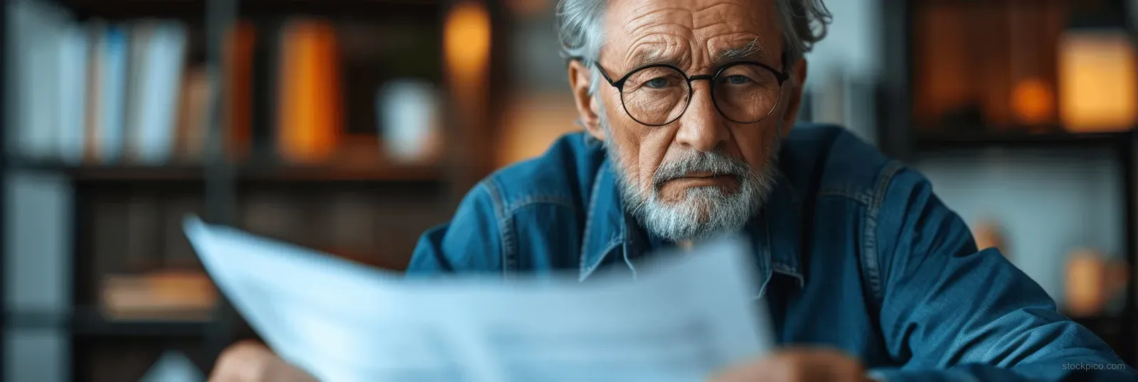 An elderly man sits in a home office reading life insurance policy documents with reading glasses.