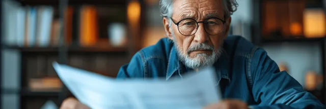 An elderly man sits in a home office reading life insurance policy documents with reading glasses.