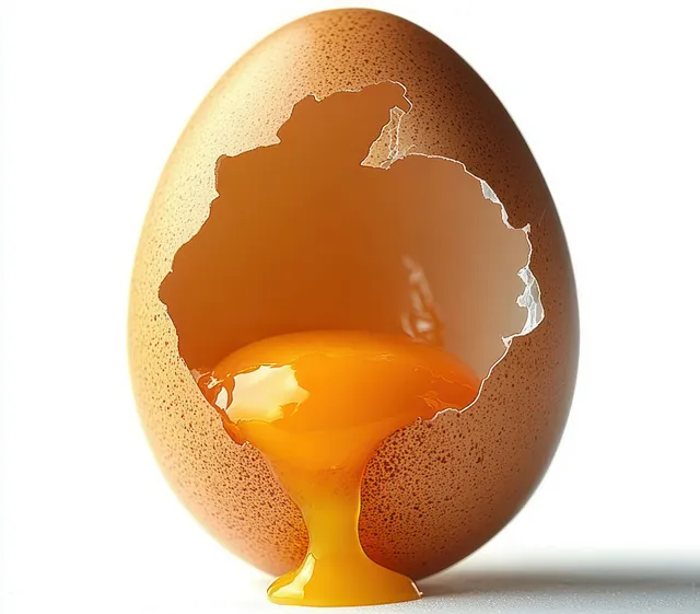 Brown egg shell cracked open with golden yolk leaking onto a white background.