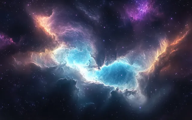 A vibrant cosmic nebula of blue, purple, and orange gas swirls across a dark star-filled space.