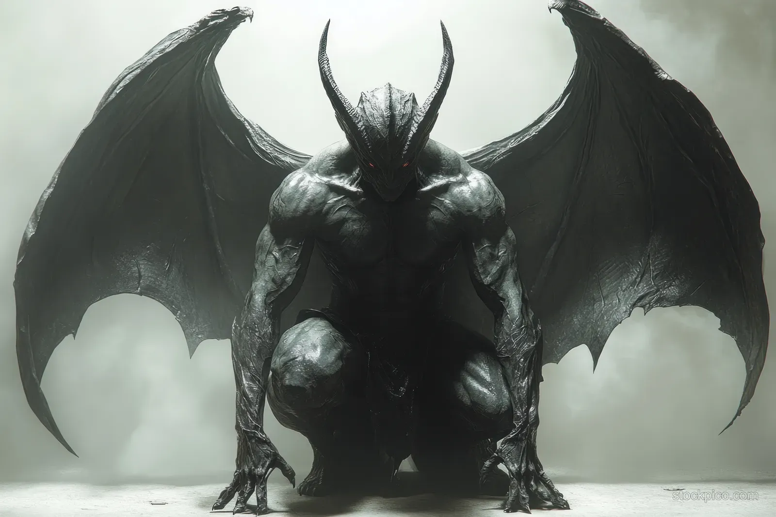 A horned demon crouches with large bat wings in a smoky dark setting.