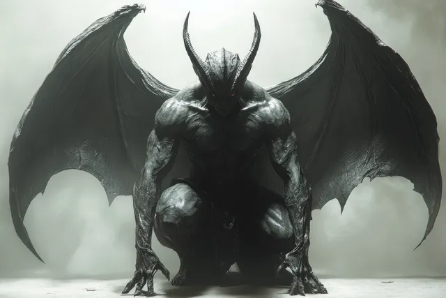 A horned demon crouches with large bat wings in a smoky dark setting.
