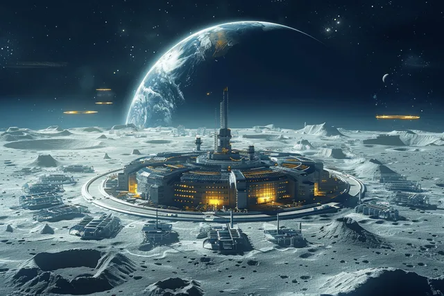 A futuristic lunar space station with glowing solar panels orbits above an icy crater base with lights and landing pads.