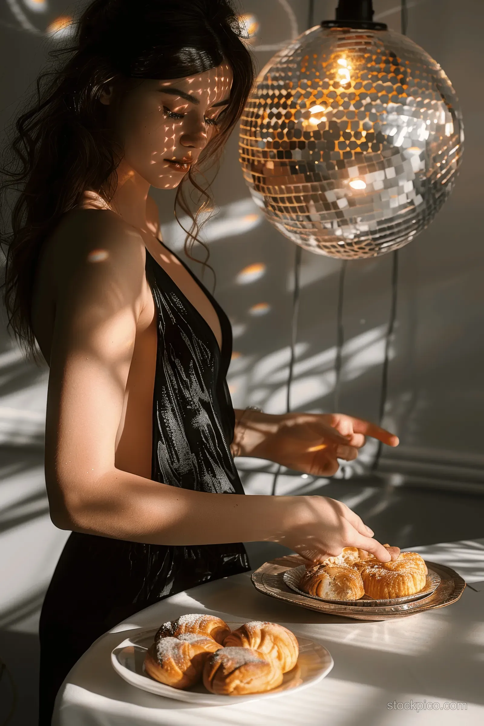 Pregnant woman in black dress reaching for pastries on a studio table with a disco ball reflecting warm light.