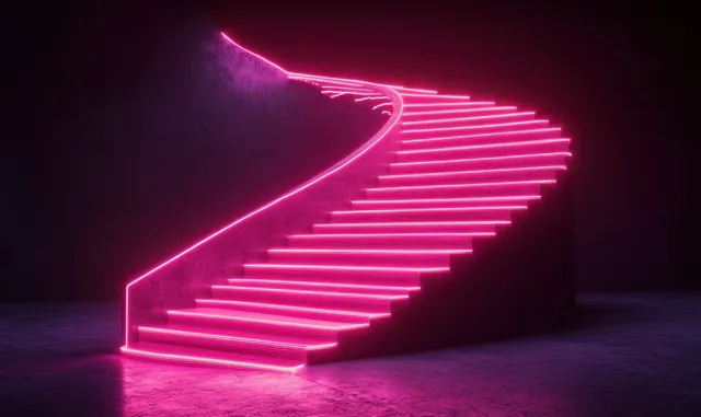 Curved staircase outlined with bright pink neon glow in a dark minimalist interior space.