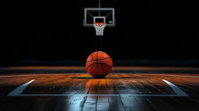 Orange basketball centered on a spotlighted wooden court with a basketball hoop and net above it in a dark gym.