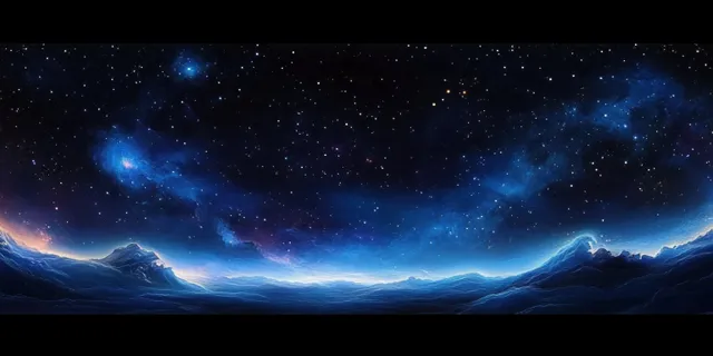 Impressionist nebula and stars glow across a dark sky above layered storm clouds in panoramic view.