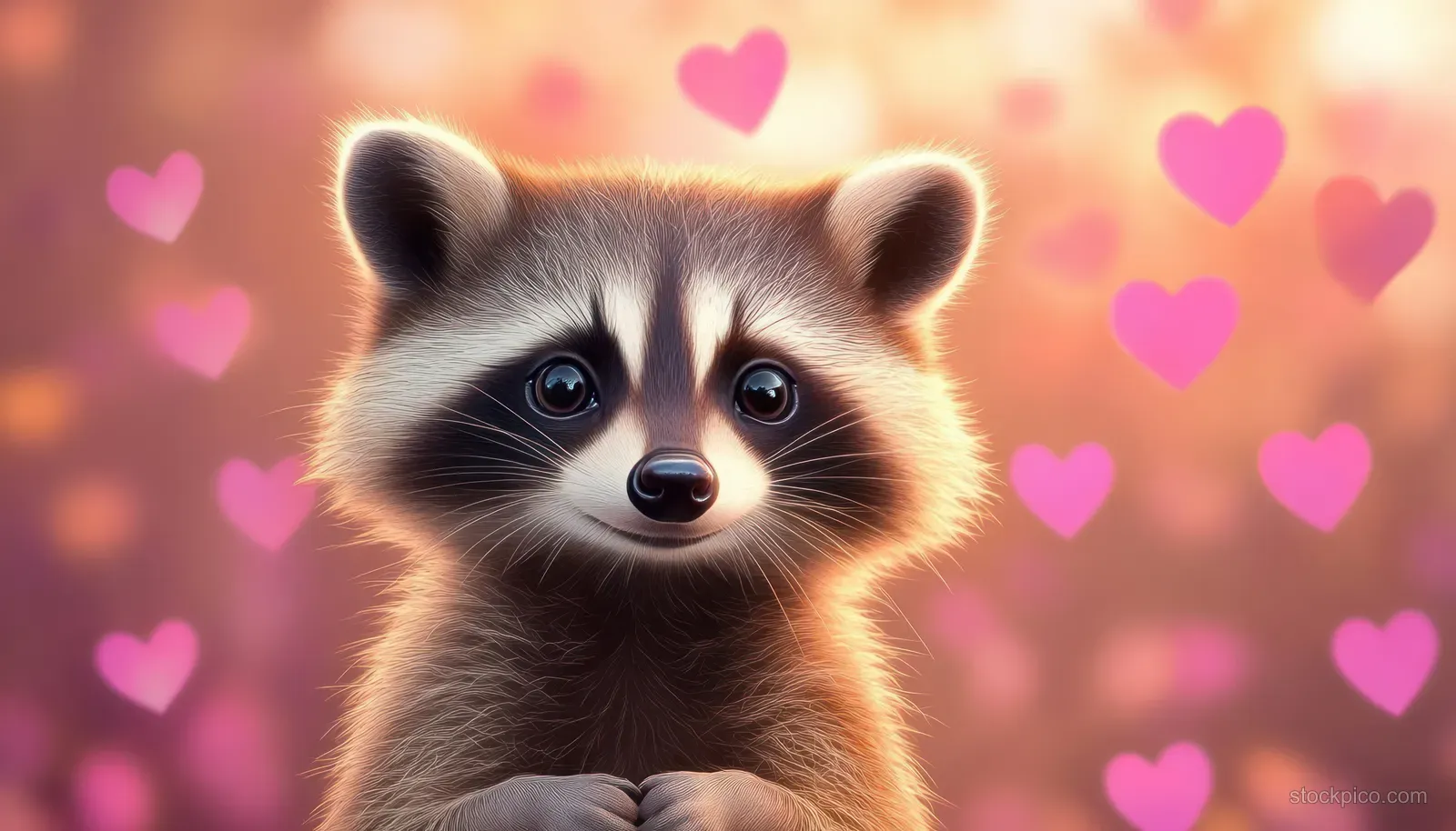 A close-up raccoon looks at the camera with glowing pink hearts around it on a warm blurred background.